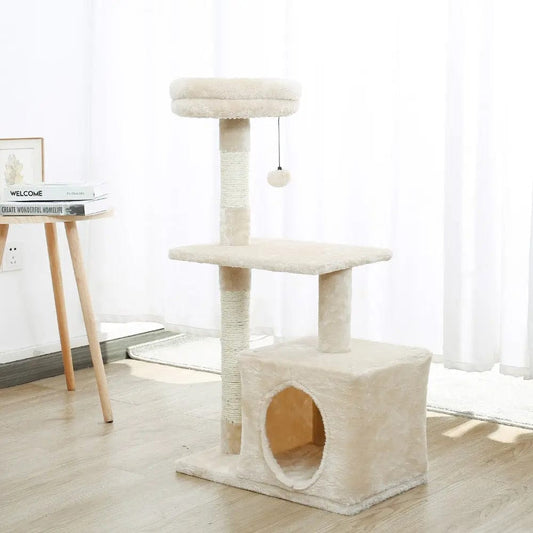 Arbre à chat beige avec plateforme et poteaux à gratter| HopMyCat