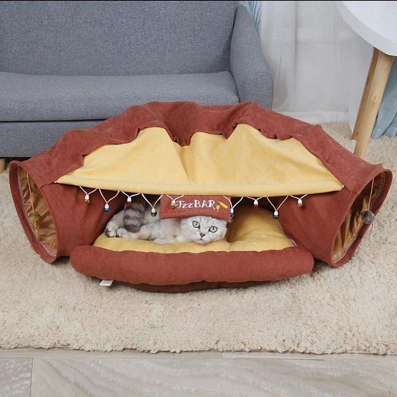 Coussin pour Chat avec Tunnel | HopMyCat Marron