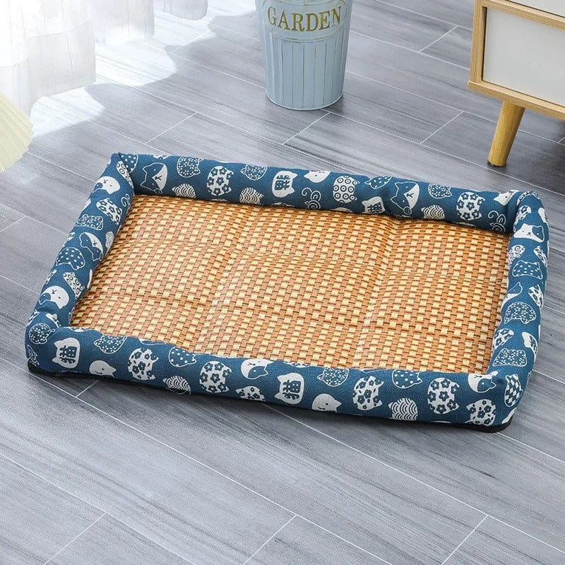 Coussin pour chat rafraîchissant en rotin - Edition estivale | HopMyCat Bleu