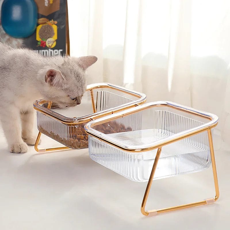 Gamelle pour Chat Surélevée Transparente et Dorée | HopMyCat